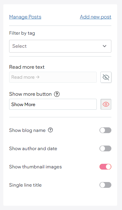 Context menu for the All Posts widget is open with the Show thumbnail images toggle enabled.